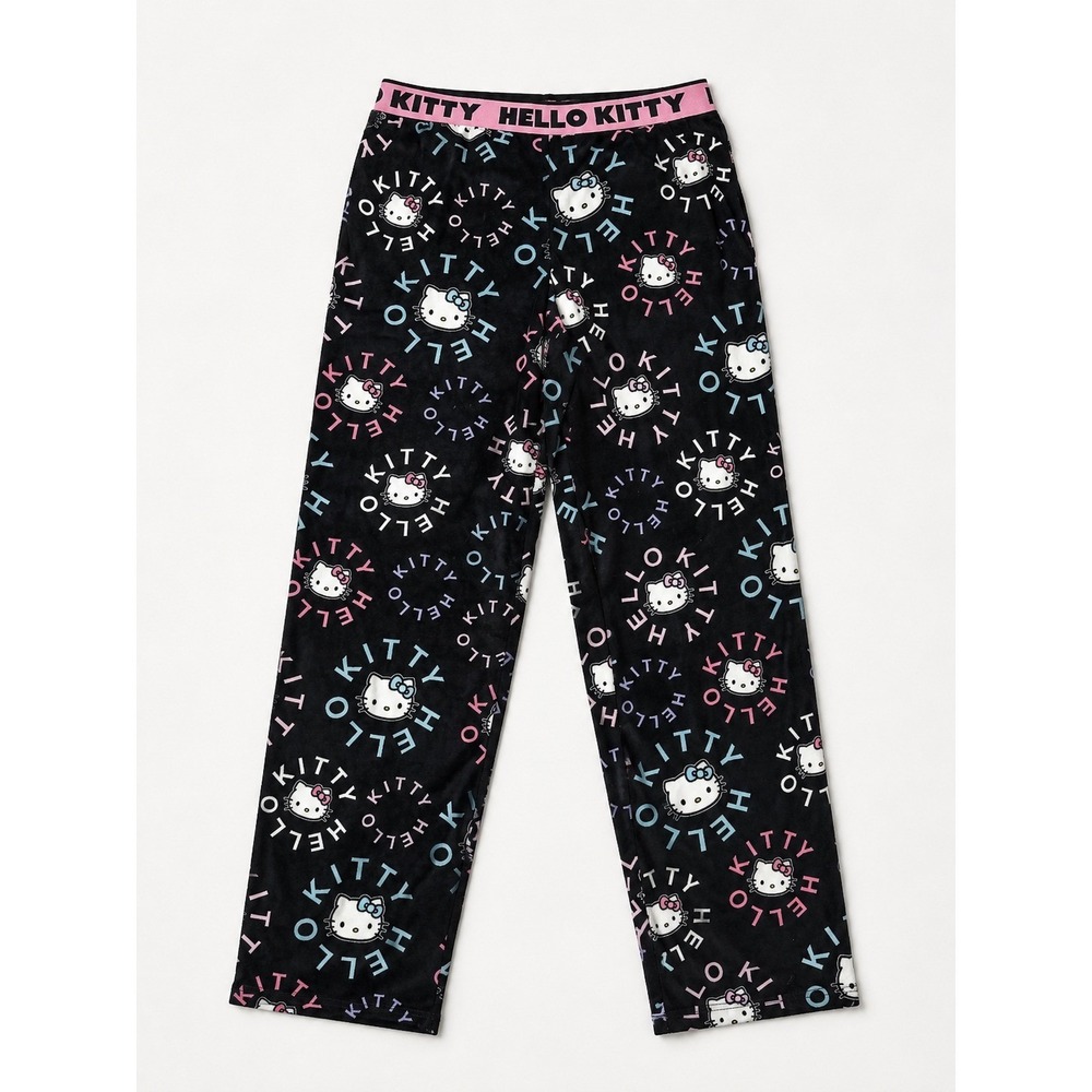 Hello Kitty by Sanrio Black Fleece Pajama Pants Pink Logo Waistband Small 4-6